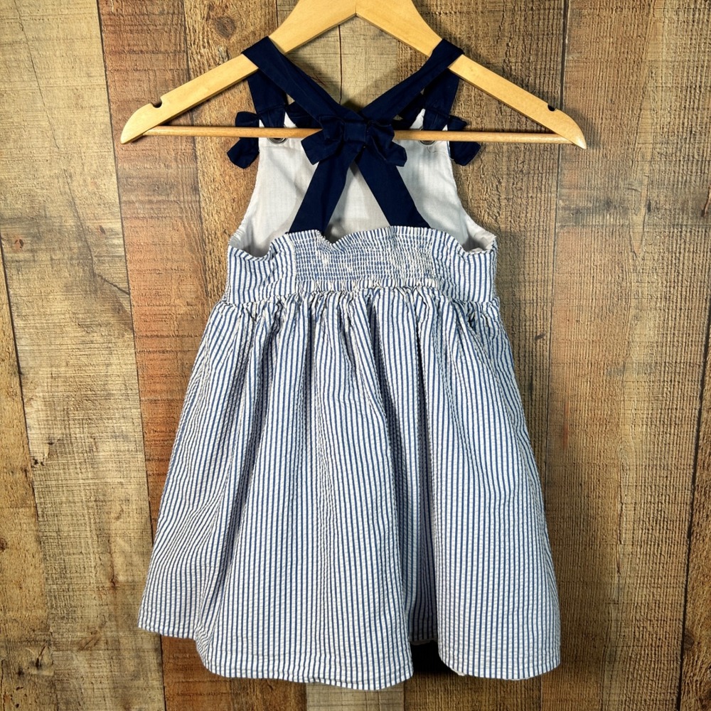 Tahari Girls Blue White Striped Seersucker Anchor Nautical Bow Dress 7 Coastal - Picture 4 of 6